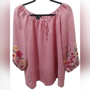 NYC Pink Embellished Blouse with 3/4 Bishop Sleeves